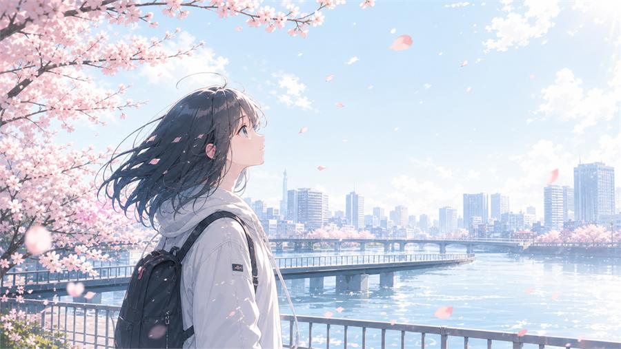 樱花与城市河岸的二次元风格插画